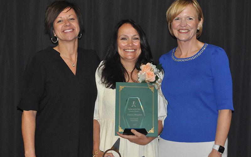 Fannin County School System Teacher of the Year is Christy Brogden, center, of West Fannin Elementary School. She is shown with her Principal Alison Danner, left, and Fannin County Superintendent Shannon Dillard.