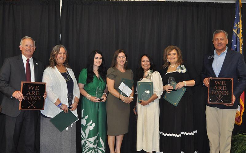 News Observer photo/Bobbi Pippin  The Teacher of the Year for each of Fannin County’s five schools was honored at the Teacher of the Year Banquet Tuesday, May 14. In addition, State Representative Johnny Chastain and State Senator Steve Gooch were honored for the contributions to the school system.  Shown during the banquet are, from left, Chastain, Christie Rose, Kayla Majors, Capprice Ramsey, Christy Brogden, Jill Abercrombie, and Gooch.
