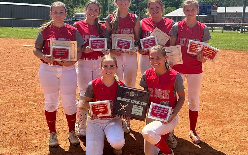 Copper Basin’s Lady Cougars captured multiple honors during their conquest of District 5A this year. Shown with their awards are, from left, front, Caitlin Pack and Taylee Hall; and back, Angela Graves, Riley Akens,Alexis Hyatt, Claire Ledford, and Riley Hall.