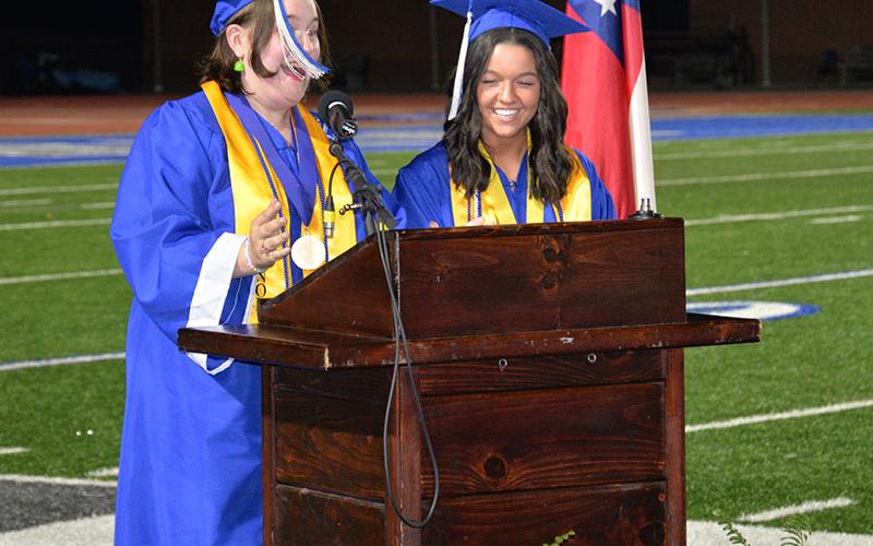 Valedictorian Peyton Nelson and Salutatorian Sydney Chancey, right, enjoyed their high school graduation.