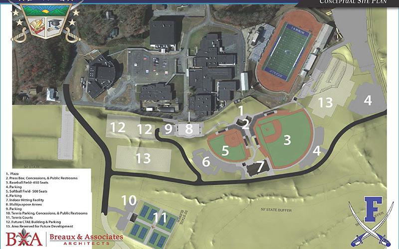 Fannin County School System Senior Operations Officer Darren Danner used this rendering as he talked about the Guaranteed Maximum Price (GMP) for the new athletic complex and preparation work for the Career, Technical and Agricultural (CTAE) building on the Fannin County High School campus.