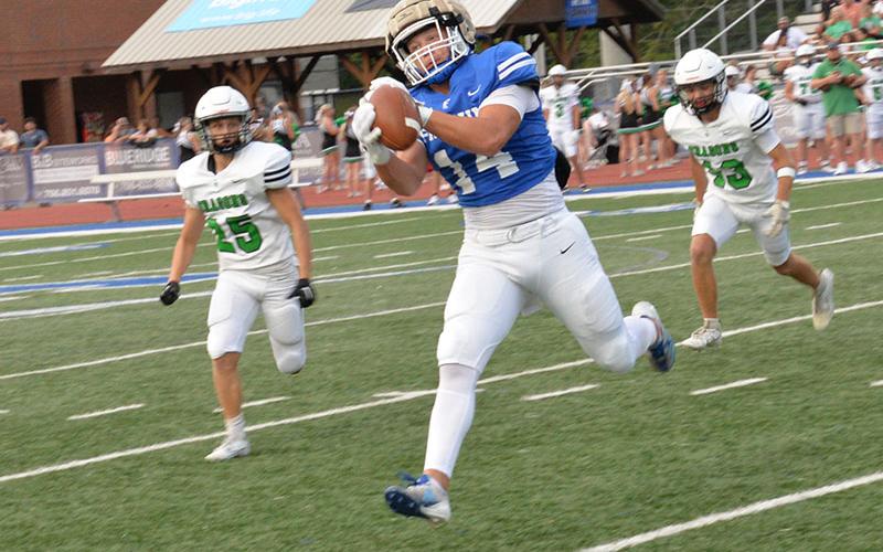 Cooper Born hauled in this pass for the Fannin County Rebels in scrimmage action this season. The Rebels open their regular season in Ellijay Friday night against Gilmer County.