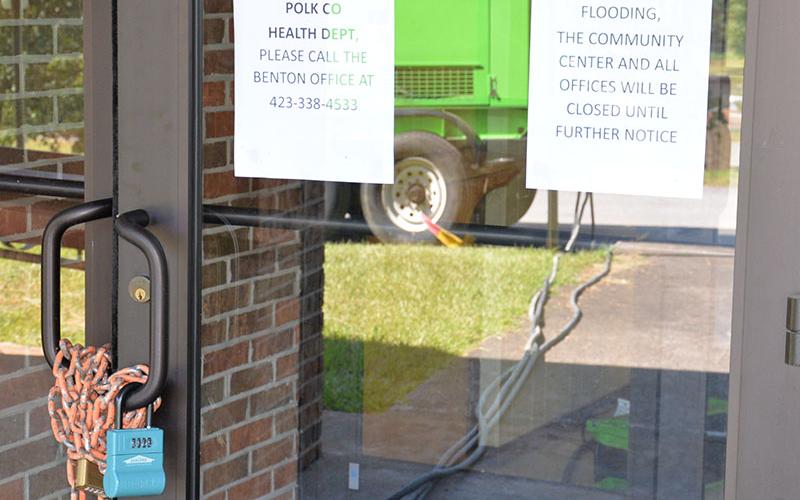 A chain and lock secured these doors at the Copper Basin Community Center so a generator sitting outside could provide temporary power to the building.