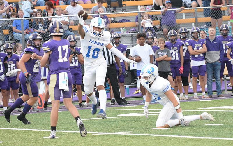 A Union County pass barely escaped the outstretched hand of Fannin County’s Luke Holsonback (10).