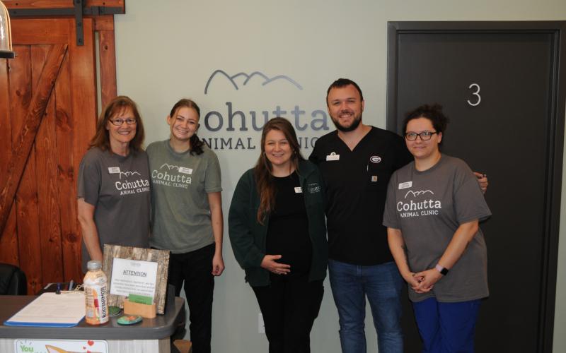 Many Cohutta Animal Clinic staff were present for Fannin County Animal Control’s pet vaccination effort to help in any way. Shown are, from left, Sandy Figueroa, Emily Vincent, Dr. Grace Murray, Dr. Will Patterson and Nikki Zarnnick.