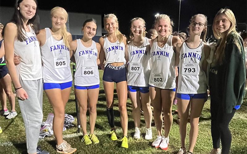 The Fannin County High School girls cross country team finished seventh out of 25 teams in the Championship Division at the Pickens’ and Grinnin’ Invitational. Shown following the event are, from left, Lana Hicks, Kensley Pickelsimer, Karli Sams, Lindsey Holloway, Claire Saxon, Annaleigh Cheatham, Sydney Ford and Lila Borum.