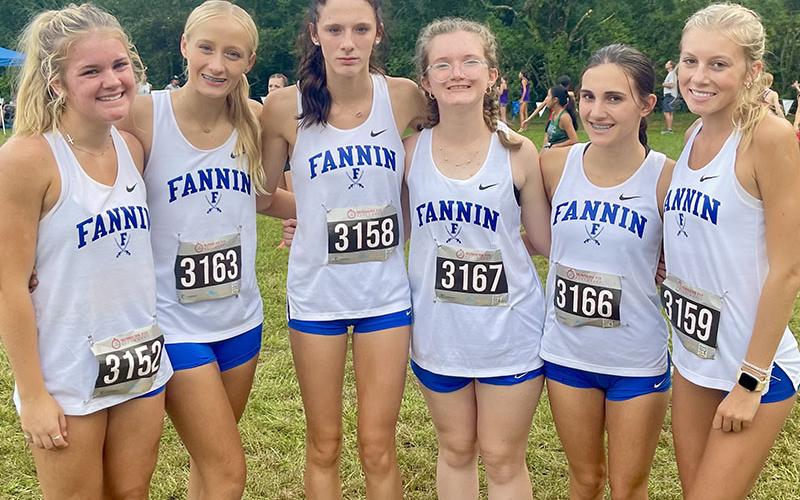 The Fannin County High School girls Cross Country team, made up of, from left,  Annaleigh Cheatham, Kensley Pickelsimer , Lana Hicks, Claire Saxon, Karli Sams and Lindsey Holloway, came in fifth out of 20 teams in the Mountain Invitational.