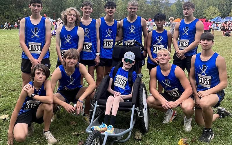 Joe DiBenedetto, Rylin Davis, Brady Smith, Gage Bryan, and Austin Prieto, from left, front; and, back, Henry Schueneman, Auden Jones, Kaden Majors, Jaxson Bittner, Gavin Davis, Kevin Cruz, and Brodey Angel, the Fannin County High School Cross Country boys team, finished 13th out of 20 teams in the Mountain Invitational.