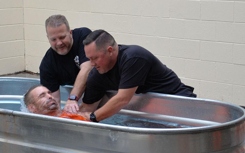 Neil Patterson was baptized by Rev. Chan Mitchell and Rev. Scotty Mathis as part of graduation ceremonies for the Better Man ministry at the Fannin County Jail Sunday, September 29.