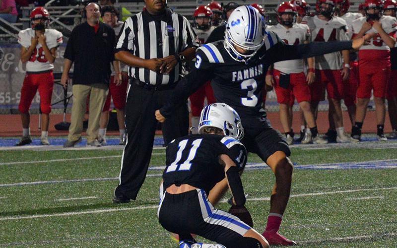 Matthew Ponton has successfully kicked 37 out of 38 extra point attempts this season for the Fannin County Rebels. Here, he works off an Elijah Weaver hold against Chattooga.