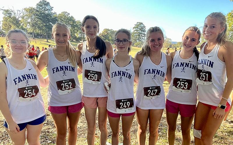 The Fannin County Lady Rebels cross country (XC) will compete in the section meet Saturday to earn a spot in state competition. Shown following last week’s meet at Berry College in Rome, Georgia are, from left, Claire Saxon, Kensley Pickelsimer, Lana Hicks, Sydney Ford, Annaleigh Cheatham, Karli Sams and Lindsey Holloway.