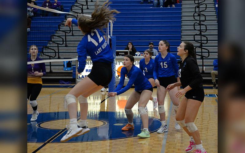 The Lady Rebels have advanced to the Elite Eight round of the Georgia High School Association state volleyball tournament with wins last week over Crawford County and Brantley County. Here, Keslie Kea (12) rifles the ball over the net in action last week against Crawford County. Backing up the play are Bailee Stiles, Maya Butler (3), Ashlyn Jones (15) and Maddie Pelfrey (13) .