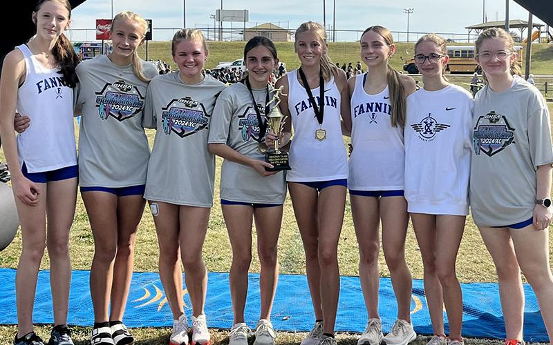 The Fannin County High School girls Cross Country team of, from left, Lana Hicks, Kensley Pickelsimer, Annaleigh Cheatham, Karli Sams, Lindsey Holloway, Lila Borum, Sydney Ford, and Claire Saxon.