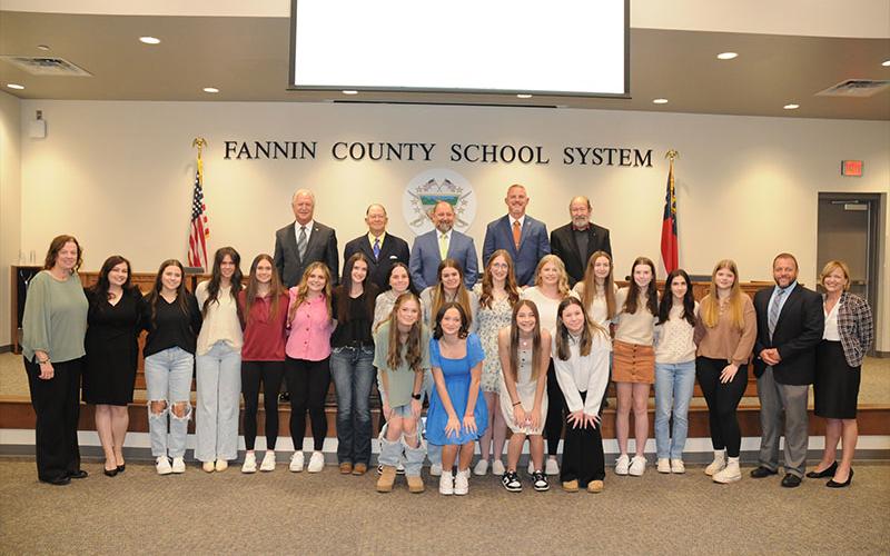The FCHS Volleyball team was recognized for making it to the State Playoffs. The team from left, front, Keslie Kea, Lexi Howard, Karleigh Hurd and Tatum Ledford; middle, coaches Suzianne Pass and Heather Ades, Maddie Pelfrey, Rylee King, Kaylie Davenport, Maggie Ledford, Bailee Stiles, Ashlyn Jones, Maya Butler, Karis Hurd, Kendall Clore, Piper Stromer, Taber Pass, Ali Jones, Audrey Veal, Dr. Scott Ramsey and Shannon Dillard; back, Terry Bramlett, Bobby Bearden, Mike Cole, Chad Galloway and Lewis DeWeese.
