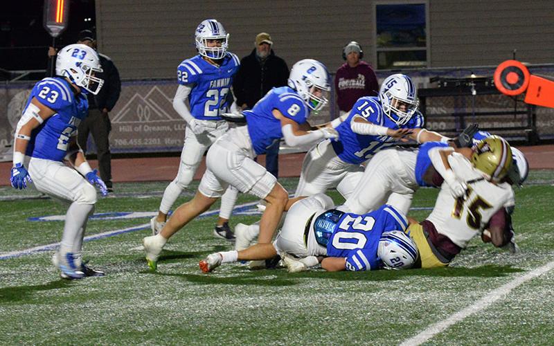 Fannin County Rebels making sure this Vidalia Indian doesn’t pick up any yardage are Braxton Cheatham (20), Scott Waldrep (15), Judah Wood (8) and Conrad Head (22).