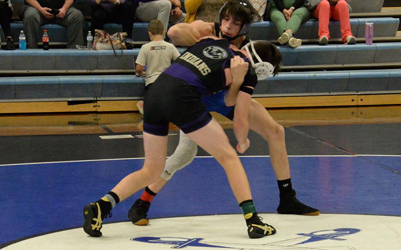 Fannin County wrestler Luke Cantrell battles his Lumpkin County opponent in a dual match last week. Cantrell wrestled in the 132-pound weight class.