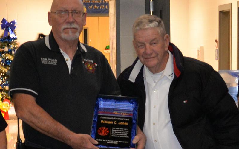 Bill Jones was honored Thursday night, December 12, for his dedication to the Fannin County Fire Department. He joined the public service organization in 1972 when it was the Civil Defense. He was presented the honor by Assistant Chief Rob Ross at the fire department’s annual Christmas dinner.