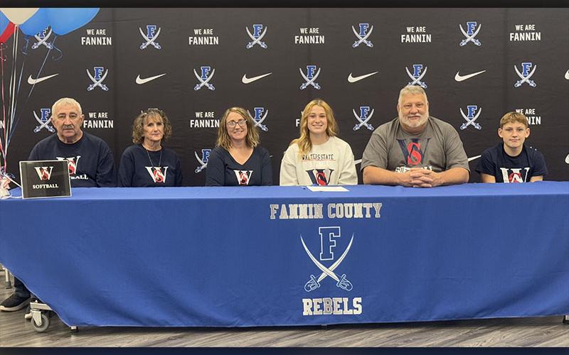 Fannin County’s Callie Ensley signed her Letter of Intent last Thursday to continue her athletic and academic career playing softball at Walters State Community College in Tennessee. Pictured, from left, are Garry Jones, Imogene Jones, Meghan Ensley, signee Callie Ensley, Chris Ensley and Garrison Ensley.