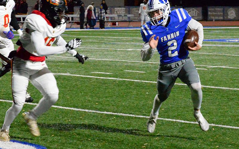 Fannin County’s Carson Callihan  and Lawson Sullivan (this photo) have been offense workhorses for the Rebels this season. They are shown in Friday night’s action against Northeast High School out of Macon, Georgia. The Rebels season ended with a 12-1 worksheet.