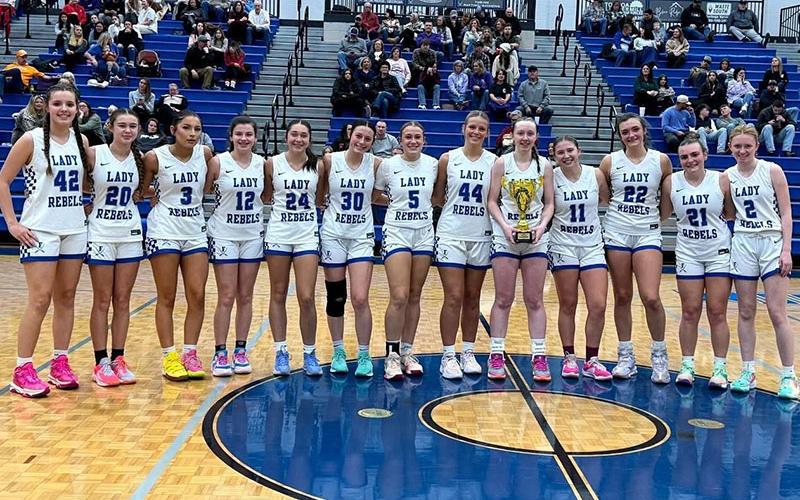 The Fannin County Lady Rebels, the Piedmont Mountainside Holiday Classic tournament champions are, from left, Brooklyn Owenby, Kendall Gaddis, Saige Turner, Toccoa Hampton, Saidee Patton, Avi Ethington, Callie Ensley, Emma Holloway, Emma Buchanan, Izzie Jabaley, Reese Lewis, Maggie Ledford and Albany Cole.