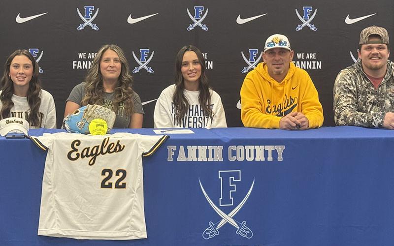Aaleyah Rogers, center, signed her Letter of Intent to continue her athletic and academic career playing softball for Reinhardt University. Pictured during a signing ceremony last Thursday are, from left, Myla Rogers, Jessica Rogers, signee Aaleyah Rogers, Andy Rogers and Blake Rogers.