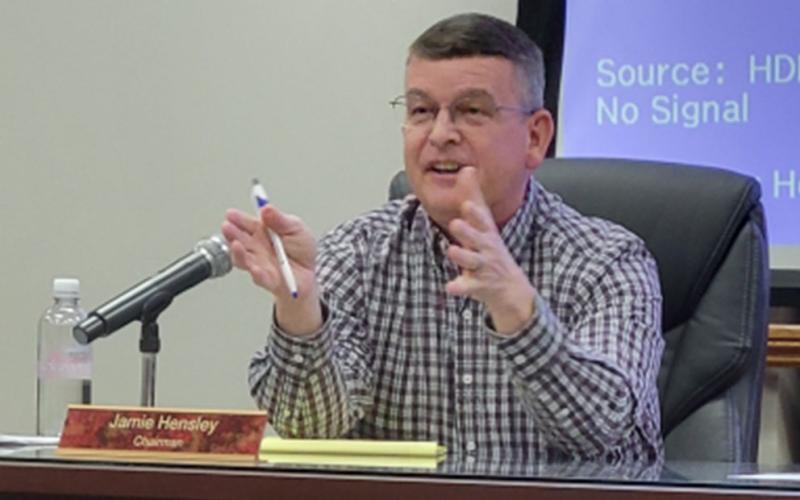 Fannin County Commission Chairman Jamie Hensley makes a point during a hearing for local officials to consider opting out of House Bill 584.