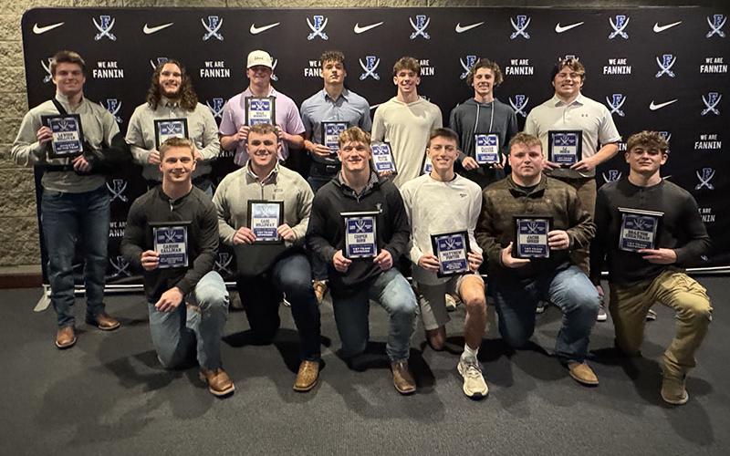 Fannin County High School football players are shown with the plaques recognizing their First Team All-Region Team accomplishments this past season. Shown at the football banquet are, from left, front, Carson Callihan, Case Holloway, Cooper Born, Matthew Ponton, Jacob Green, and Braxton Cheatham; and, back, Lawson Sullivan, Jacob Dye, Noah Burnett, Luke Holsonback, Braden Taylor, Elijah Weaver and CJ Pierce.