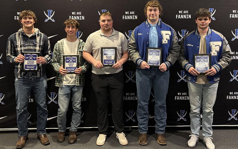 Five members of the Fannin County Rebels football team earned Second Team All Region honors for their efforts in the Region Championship season. They were, from left,  Tucker Dockery, Conrad Head, Baylor Twiggs, Issac Watkins and Scotty Waldrep.