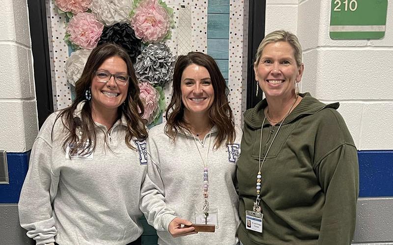 Sydney Newton, middle, is Fannin County Middle School’s 2026 Teacher of the Year. She is shown beside Assistant Principal Shannon York, left, and Principal Dr. April Hodges.