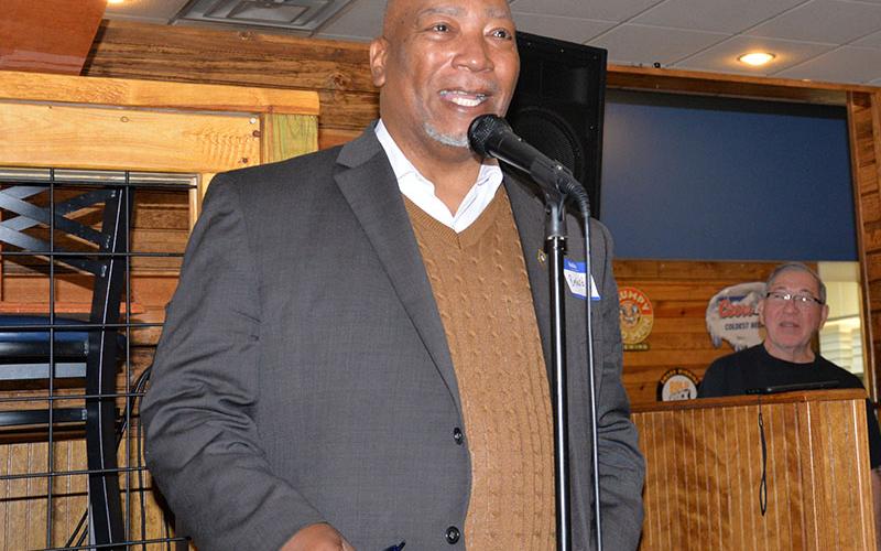 Henry Bernard Miller, back left center, received a warm welcome during the weekly breakfast held by The Ridgemen of The Ridge Community Church. Miller is the head chaplain at Georgia’s Jackson Diagnostic and Classification Prison.