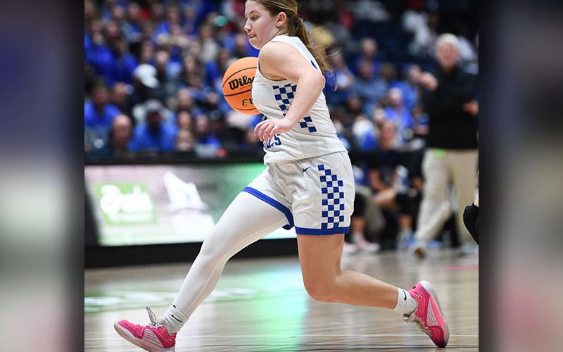 Photo courtesy of All Star Photos Izzie Jabaley drives toward the goal for the Fannin County Lady Rebels in the State Championship game Saturday in Macon.