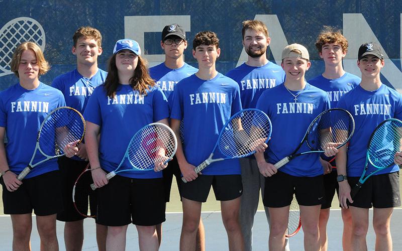 Fannin County High School’s boys tennis team, from left, front, Cash Goulah, Madden Deeter, Henry Schueneman, Cayson Mitchell and Garrett Pittman; and back, Odin Rea-Gutierrez, Austin Prieto, Jamison Dickey and Jonathan Bewley prepare for a match last week.