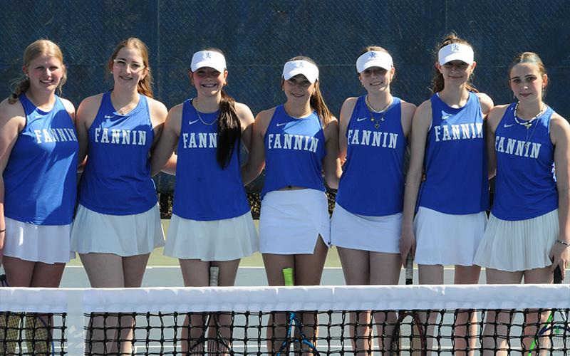 The Fannin County High School girls tennis team, from left, Kendall Clore, Karis Hurd Karleigh Hurd, Sadie Patton, Taber Pass, Piper Stroemer, and Gracie Tutterrow are shown before a match last week.
