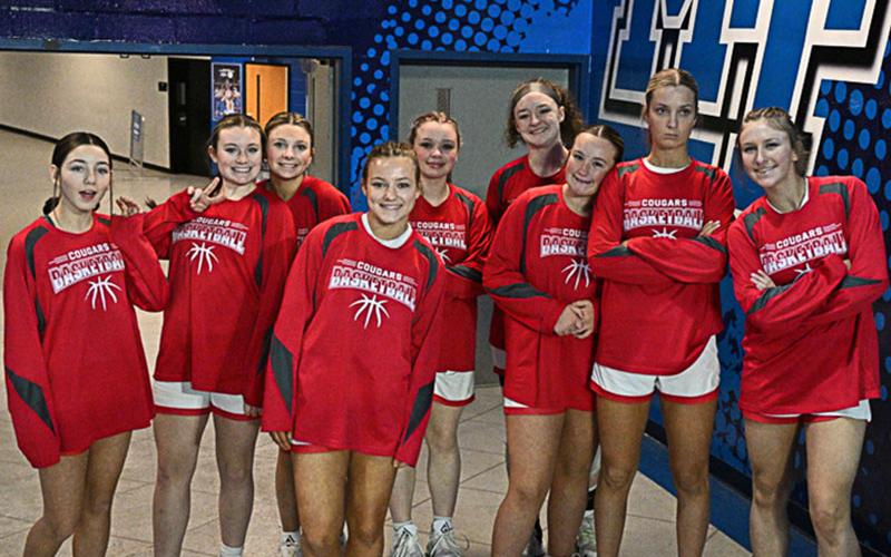 Copper Basin’s Lady Cougars are shown at the state basketball tournament site in Murfreesboro. From left are, Maleah Deal, Riley Akens, Addison Hyatt, Kendra Deal, Aeryauana Deal, Kloie Ballew, Kinsley Ross, Alexis Hyatt and Cora Kimsey.