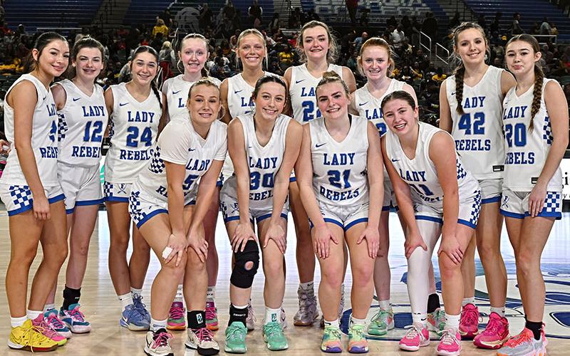 The Fannin County Lady Rebels advanced to the championship title game of the Georgia High School Association state basketball playoffs with a win Saturday over East Laurens. Shown after the win are, from left, front, Callie Ensley, Avi Ethington, Maggie Ledford, and Izzie Jabaley; and, back, Saige Turner, Toccoa Hampton, Saidee Patton, Emma Buchanan, Emma Holloway, Reese Lewis, Albany Cole, Brooklyn Owenby, Kendall Gaddis.