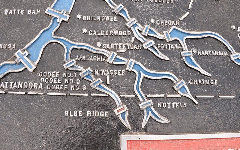 This plaque at Blue Ridge Lake Dam reflects how the TVA river system comes together and the proximity of Blue Ridge and Chatuge dams.