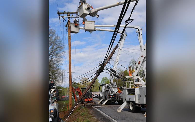 Crews from Tri-State EMC were on the scene for ten hours Friday working to restore power to the Morganton area of Fannin County after a crash at the intersection of State Route 60 and Old Highway 76.