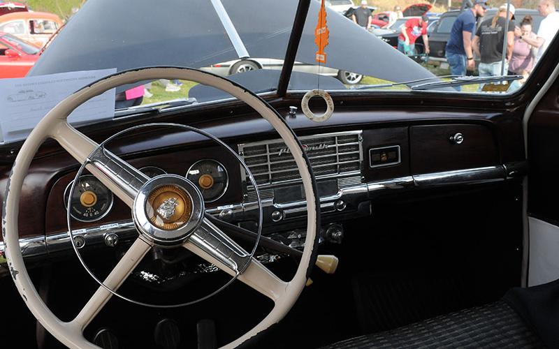 The restored interior of Donna Neal and Dennis Neal’s 1949 Plymouth.