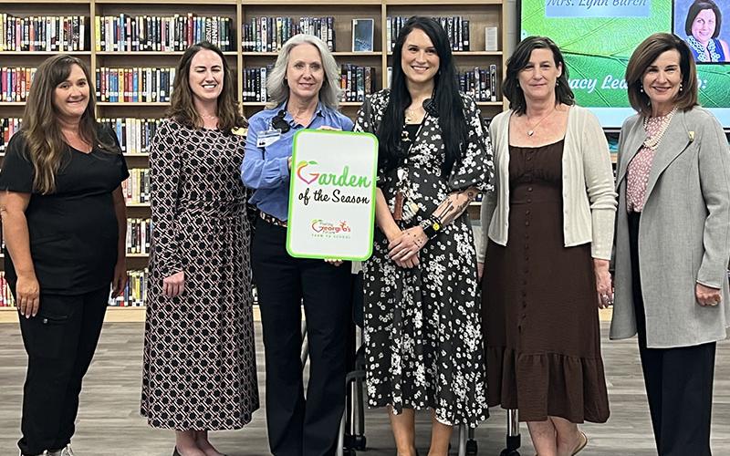 The Fannin County School System’s Nutrition Department received the Garden of the Season Award Thursday, April 17. Shown are, from left, Cafeteria Manager Heather Cobb, Kelley Toon, with Georgia Organics, Director of Nutrition and Wellness Martha Williams, teacher Kristen Stone, teacher Amy Adams and state Nutrition Director Dr. Linette Dodson.