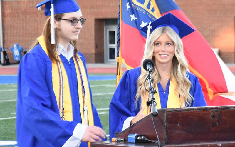 Brendan Little and Lindsey Holloway welcomed the crowd to the Fannin County High School graduation ceremony and introduced special guests.