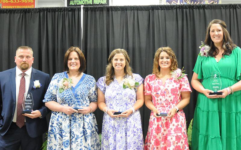 The 2027 Fannin County Teachers of the Year for each school are shown, from left, Terry Flowers, Kayleigh O’Neal, Caitlin Snider, Sydney Newton and Megan Orton.