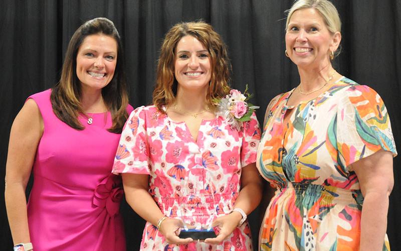 Sydney Newton, center, of Fannin County Middle School (FCMS) was the Teacher of the Year runner-up. She is shown with FCMS Assistant Principal Shannon York, left, and Principal Dr. April Hodges.