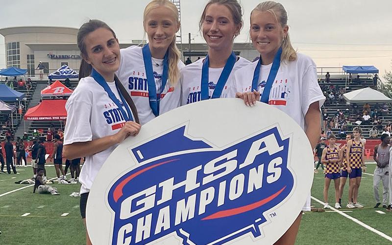 Karli Sams, Kensley Pickelsimer, Ava Acker and Lindsey Holloway, from left, are the State Champion 4x800 meter relay team. They won the title this past weekend at the 1A Division 1 State Championships held in Rome.