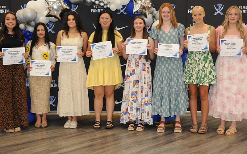 Members of the Fannin County High School Lady Rebels soccer team were honored at an awards banquet Wednesday, May 14. Displaying some of the honors presented to members of the team are, from left, GiGi Torres, Delmy Sacul-Saqui, Natalie Middleton, Grace Fay, Karmah Eaton, Albany Cole, Kensley Pickelsimer, and Caroline Young.