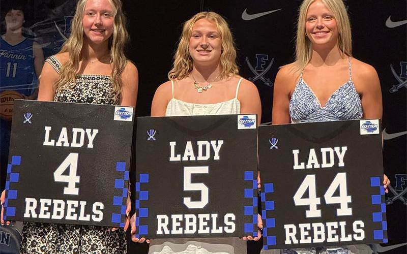 The Lady Rebel Seniors were recognized and gifted a jersey replica with their number and a GHSA State Championship tag. Shown are, from left, Emma Buchanan, Callie Ensley and Emma Holloway.
