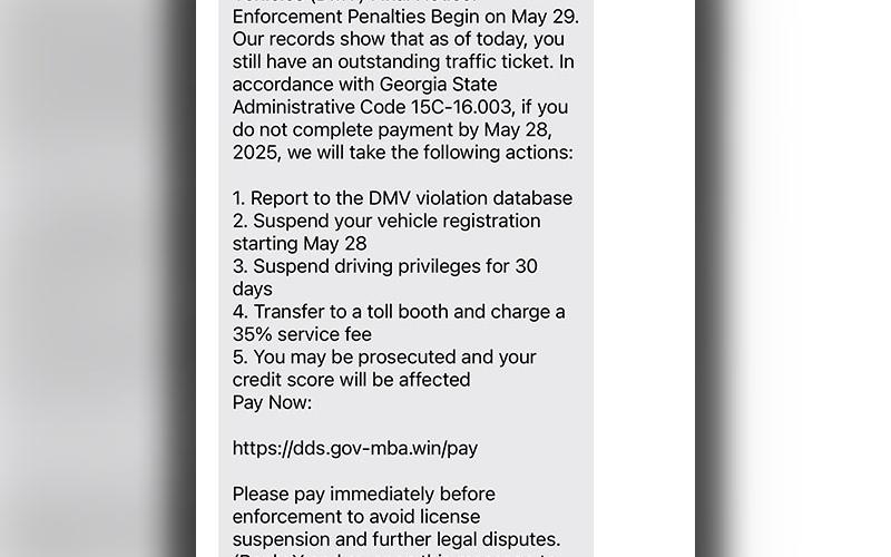 This is an actual screenshot of a text message threatening a Fannin County resident. The message is fake, and officials are warning citizens to beware.