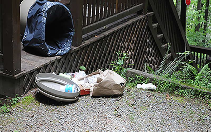 On this porch, bears have knocked over and raided a non bear-resistant trash can.