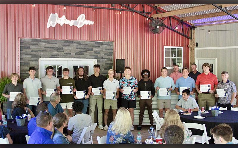 These members of the Fannin County High School Rebels Track &amp; Field team were honored for maintaining a 3.5 grade point average or higher. Accepting their certificates at the team’s recent banquet were, from left, Aiden Jones, Henry Schueneman, Cayden Reece, Braxton Cheatham, Jacob Dye, Luke Holsonback, Conrad Head, Cooper Born, Ryan Preston, Lawson Sullivan, C.J. Reece, Isaac Watkins, and Baron Davenport.