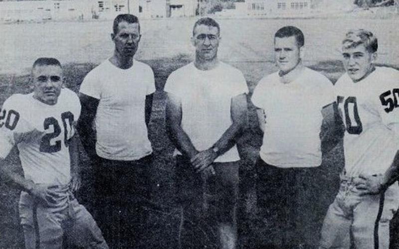 Jim and Steve Cheatham, 1965 co-captains, with coaches Brooks, Montgomery and Henson.