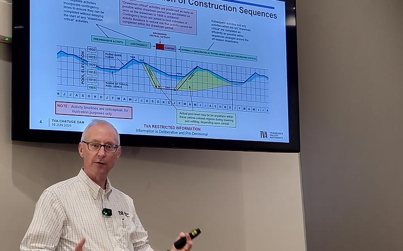 Chris Saucier discusses updates to the Chatuge Dam Major Modification Study in Hiawassee last week.